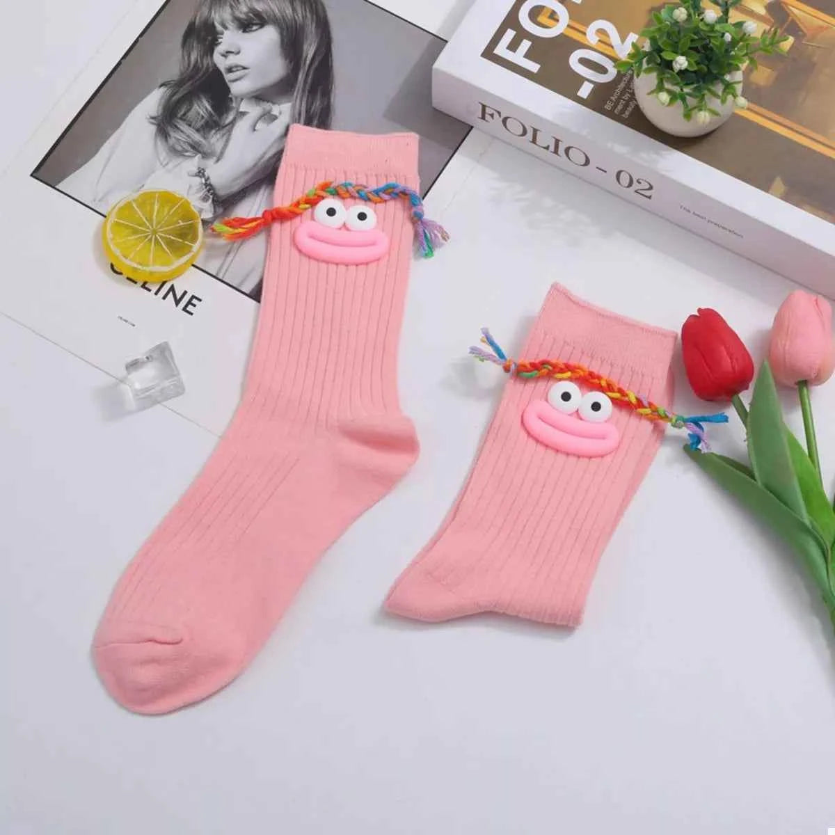 Cartoon Ribbed Knit Crew Socks Pink One Size 878c59b3-d8da-432f-9272-69447d38333b-Max-Origin