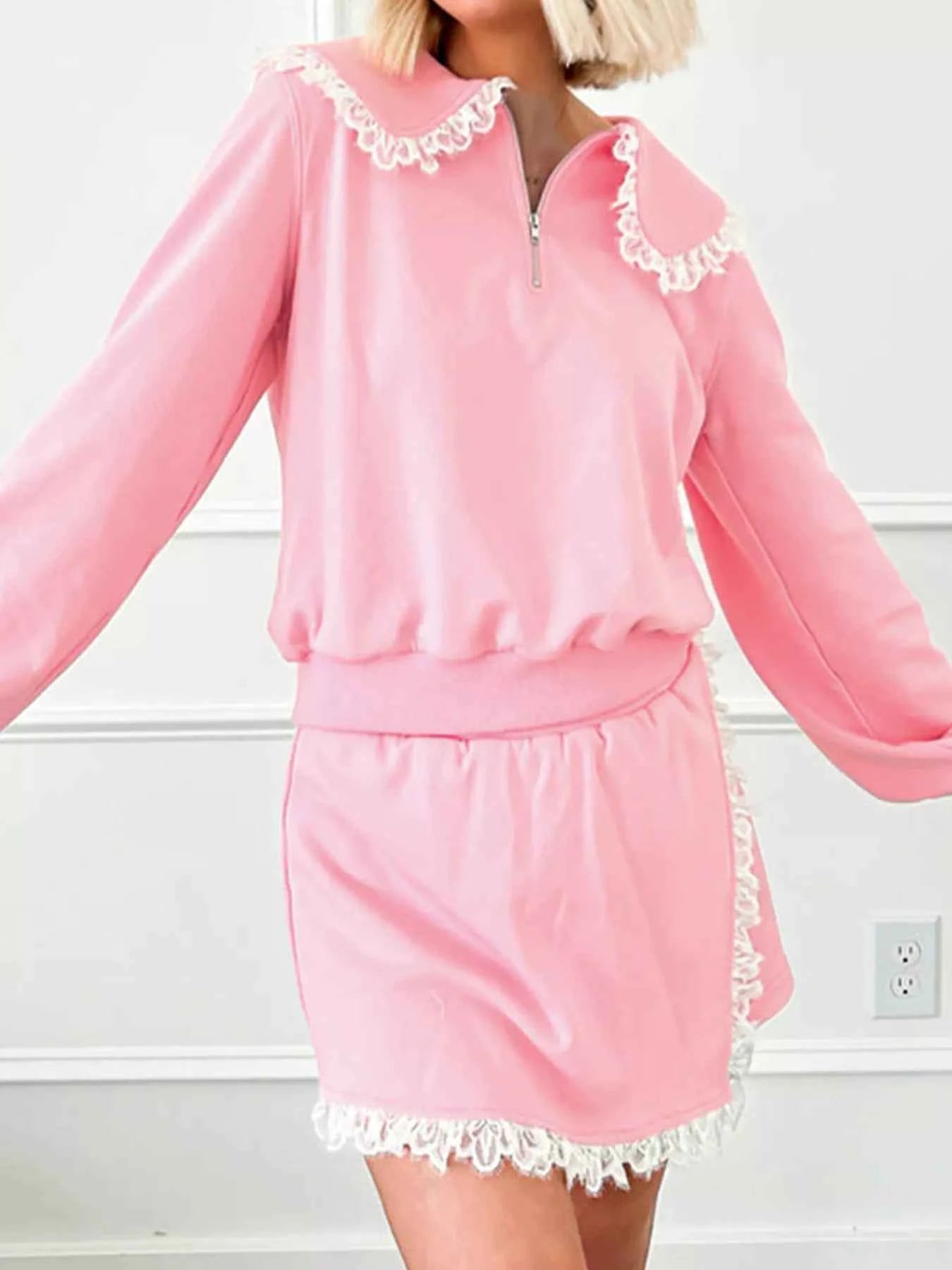 Peter Pan Lace Embellished Neck Sweatshirt and Skirt Two Piece Set Dusty Pink 87942efd061b4e02b6c94a1449761291-Max-Origin