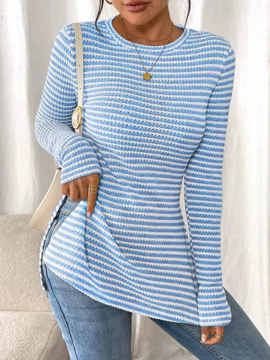 Side Slit Striped Long Sleeve T-Shirt 87ab513aac9046dcbc2bac8a7b7be10a-Max-Origin