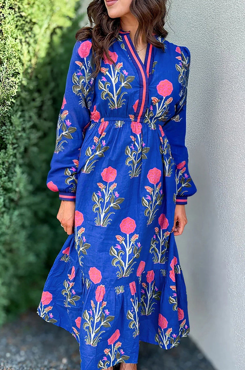 Blue Floral Print Pop of Color Neckline Long Sleeve Midi Dress 87df2ea38d945fbe