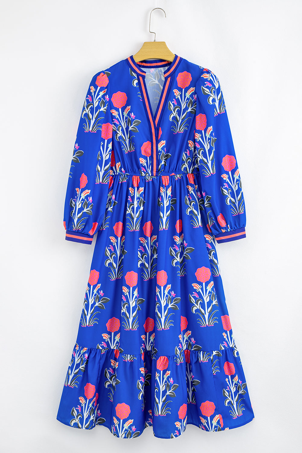Blue Floral Print Pop of Color Neckline Long Sleeve Midi Dress 87ee9c963ee8cd8f