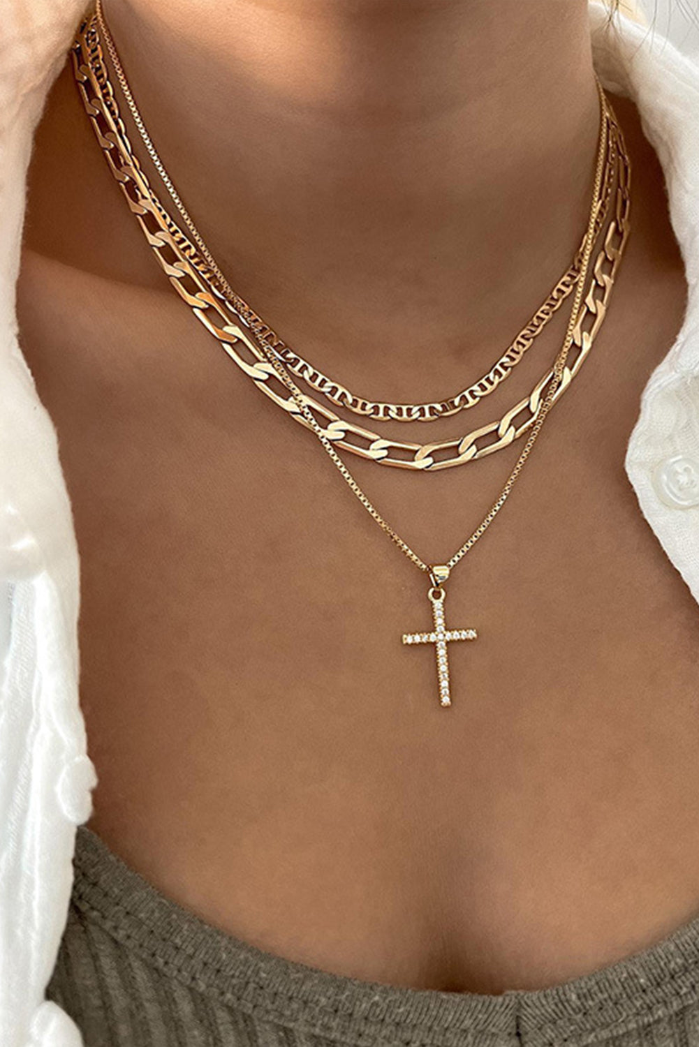 Silvery Rhinestone Cross Pendant Multi Layer Stacked Chain Necklace 87f52356ffd29975