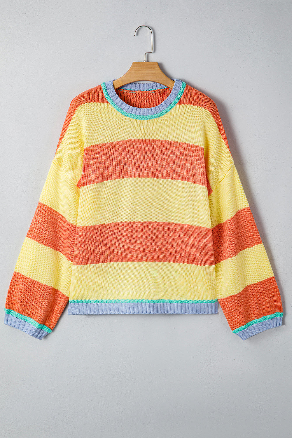 Yellow Stripe Contrasting Trim Round Neck Oversized Sweater 87f58b01890d2092