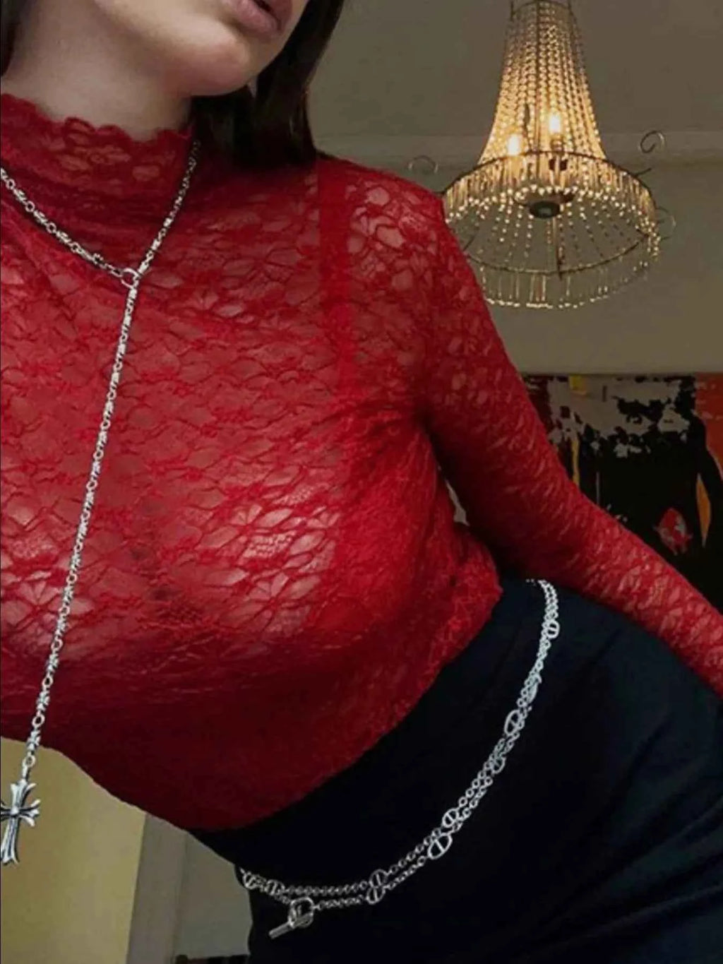 Mock Neck Lace Long Sleeve Mesh T-Shirt 87f5f358-db1c-4cb2-a0ac-094b6c115207-Max-Origin