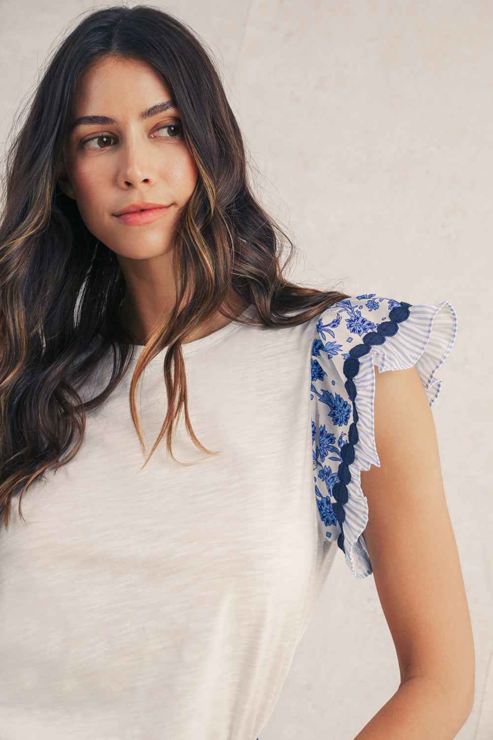 Blue Floral Striped Patchwork Flutter Sleeve Blouse 88362ee6ab181c62