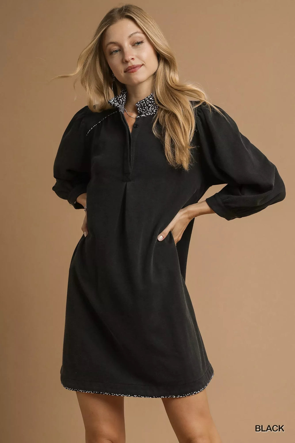 Umgee French Terry Balloon Sleeve Shift Dress with Leopard Print Detail Black 88364423-b1cd-4710-a12c-4ea653e11f3a-Max-Origin