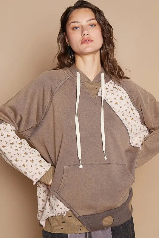 POL Floral Patchwork Distressed Drawstring Hoodie 883c1464-ba63-4802-9ed9-53ab34967442-Max