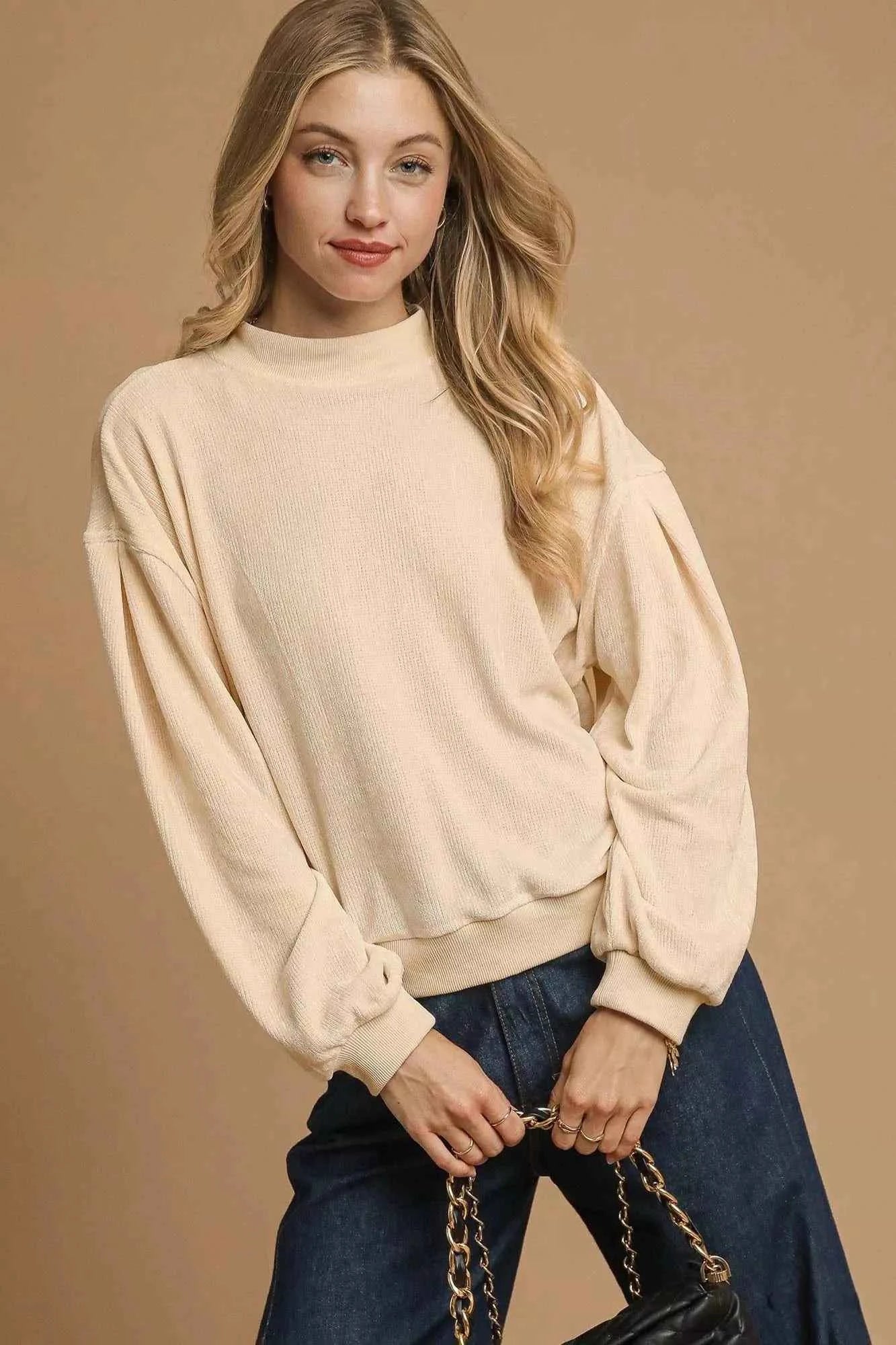 Umgee Velour Crewneck Balloon Sleeve Sweatshirt CREAM 884c6e99-2fe5-4607-a9f2-868d862f7a53-Max-Origin