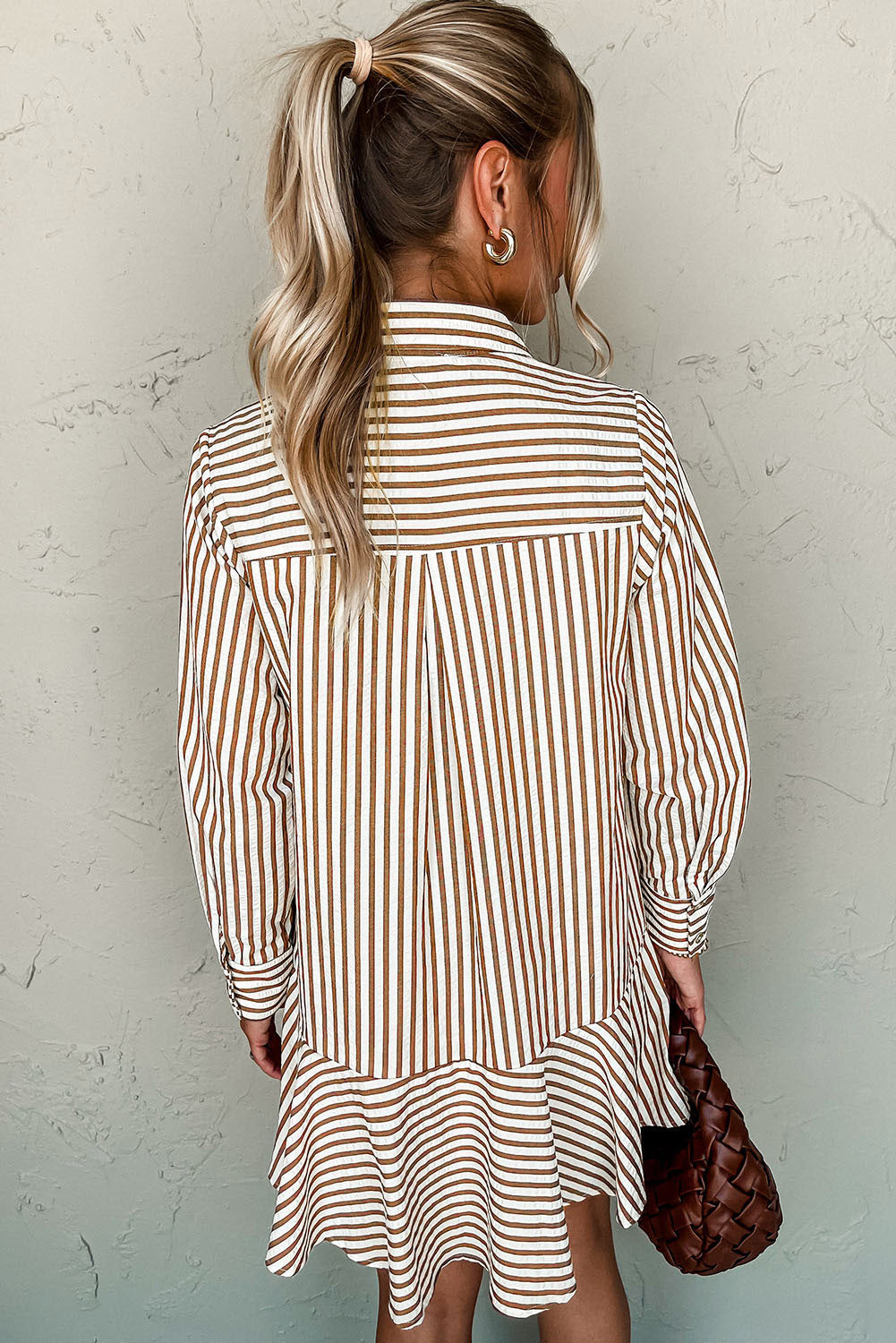 Brown Stripe Ruffle Hem Collared Long Sleeve Shirt Mini Dress 884e623d6aa57320