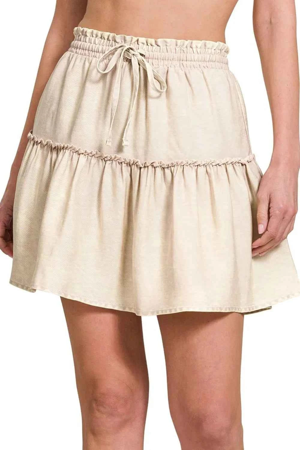Zenana Tencel Washed Tiered Mini Skirts SAND BEIGE 88554a40-bb55-48fa-9972-e669668d97d9-Max-Origin