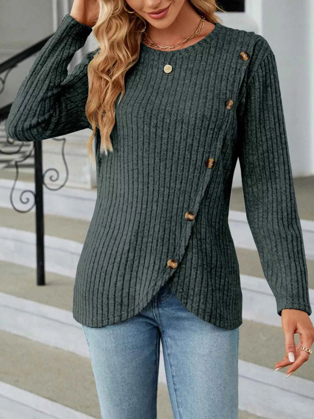 Ribbed Knit Decor Button T-Shirt 8869ce79-53f3-4410-9cb5-21ce62830215-Max-Origin