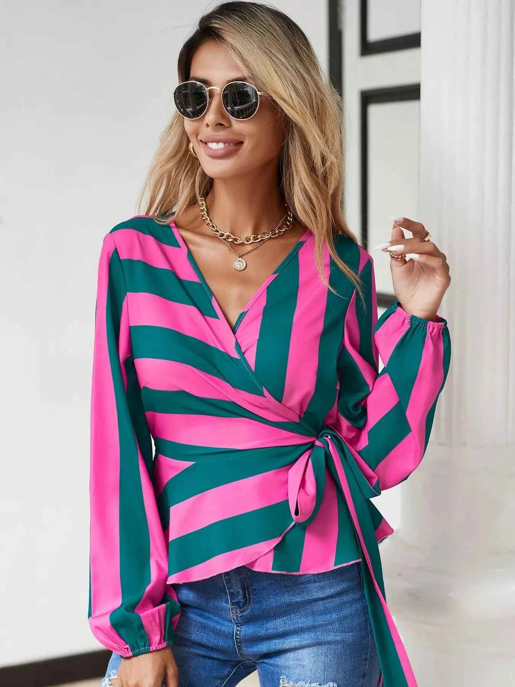 Striped Wrap Blouse with Tie Detail 886dcb64-bac2-4120-9fe3-5d748707167a-Max-Origin