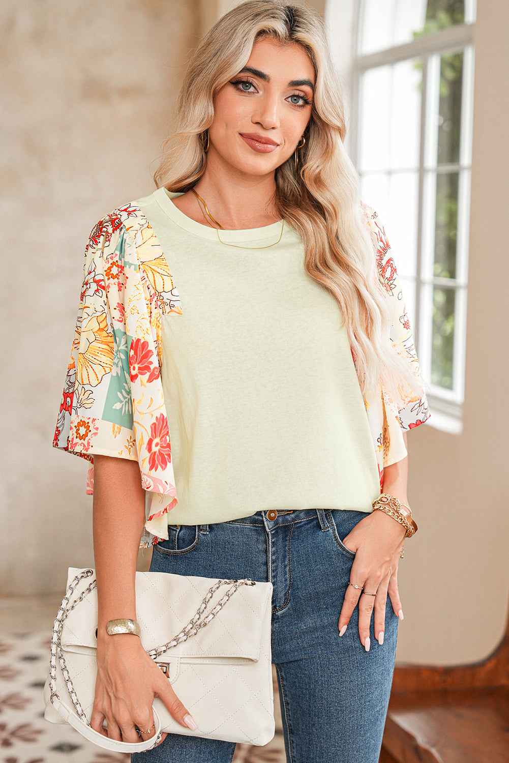 Beige Floral Patchwork Batwing Sleeve Blouse 8870d0a88efd974d