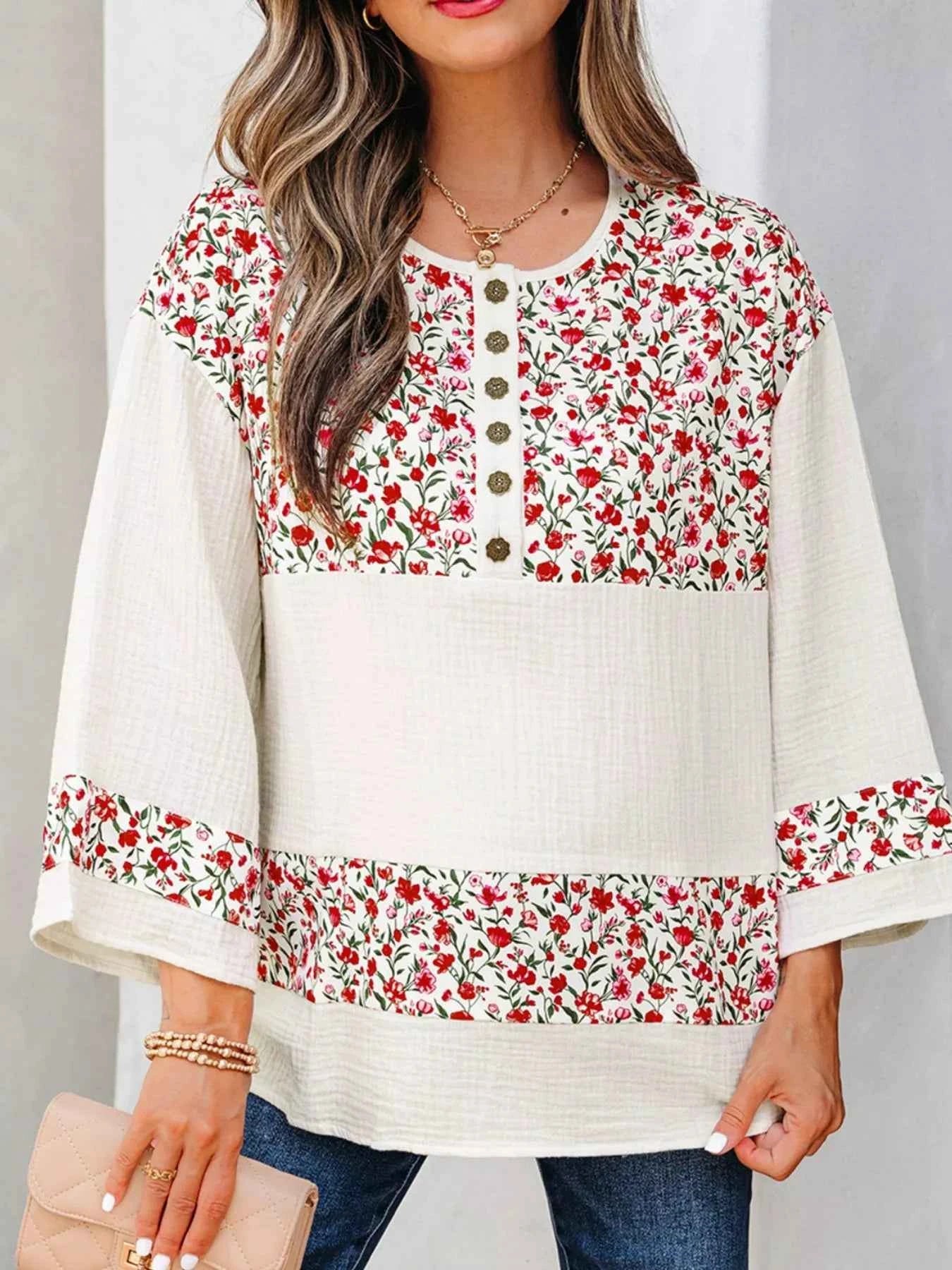 Floral Print Henley Button 3/4 Sleeve Blouse 8884fddf-cc53-43b7-bc5c-dfa8962bd3e6-Max-Origin