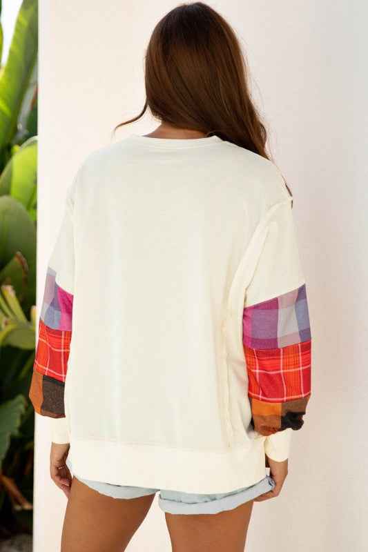 Plaid Patchwork Long Sleeve Exposed Seam Top 8891c4b7-8bab-4a6b-8dcb-dd4deaa777ab