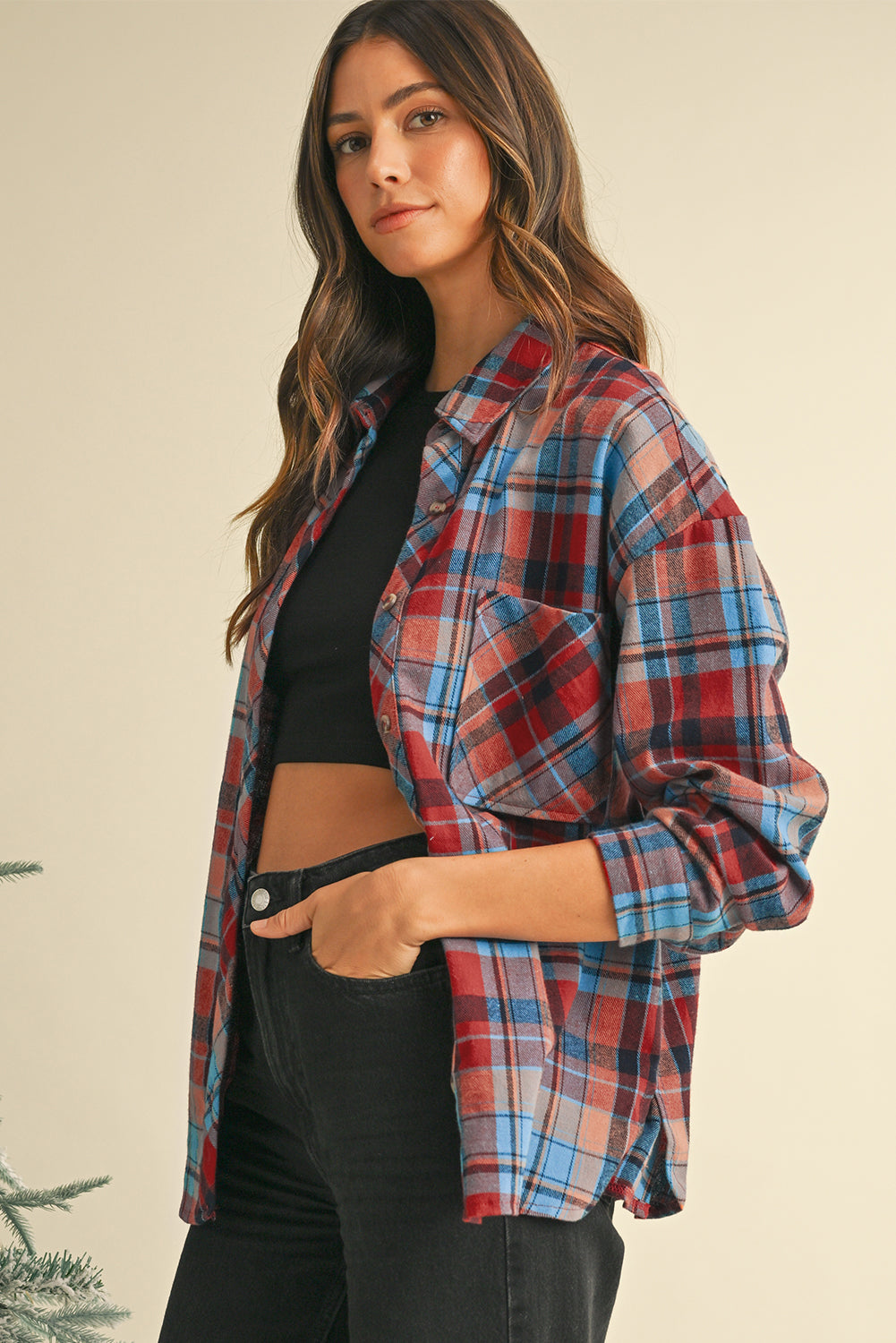 Orange Plaid Print Pocket Loose Shirt Shacket 88aa6b91b98b6e16