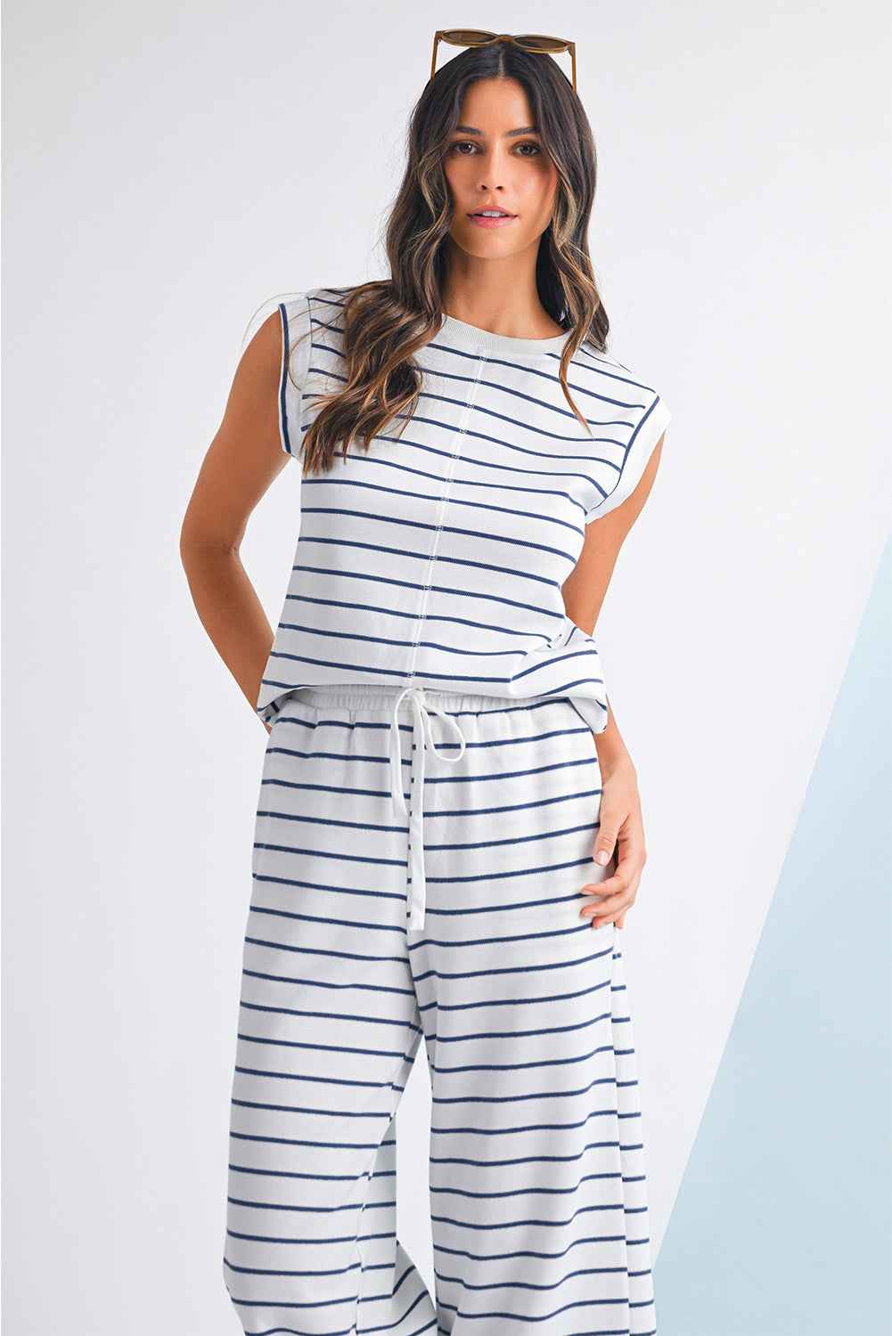 Sail Blue Casual Striped Tee and Wide Leg Pants Set 88c5ad433be09c36