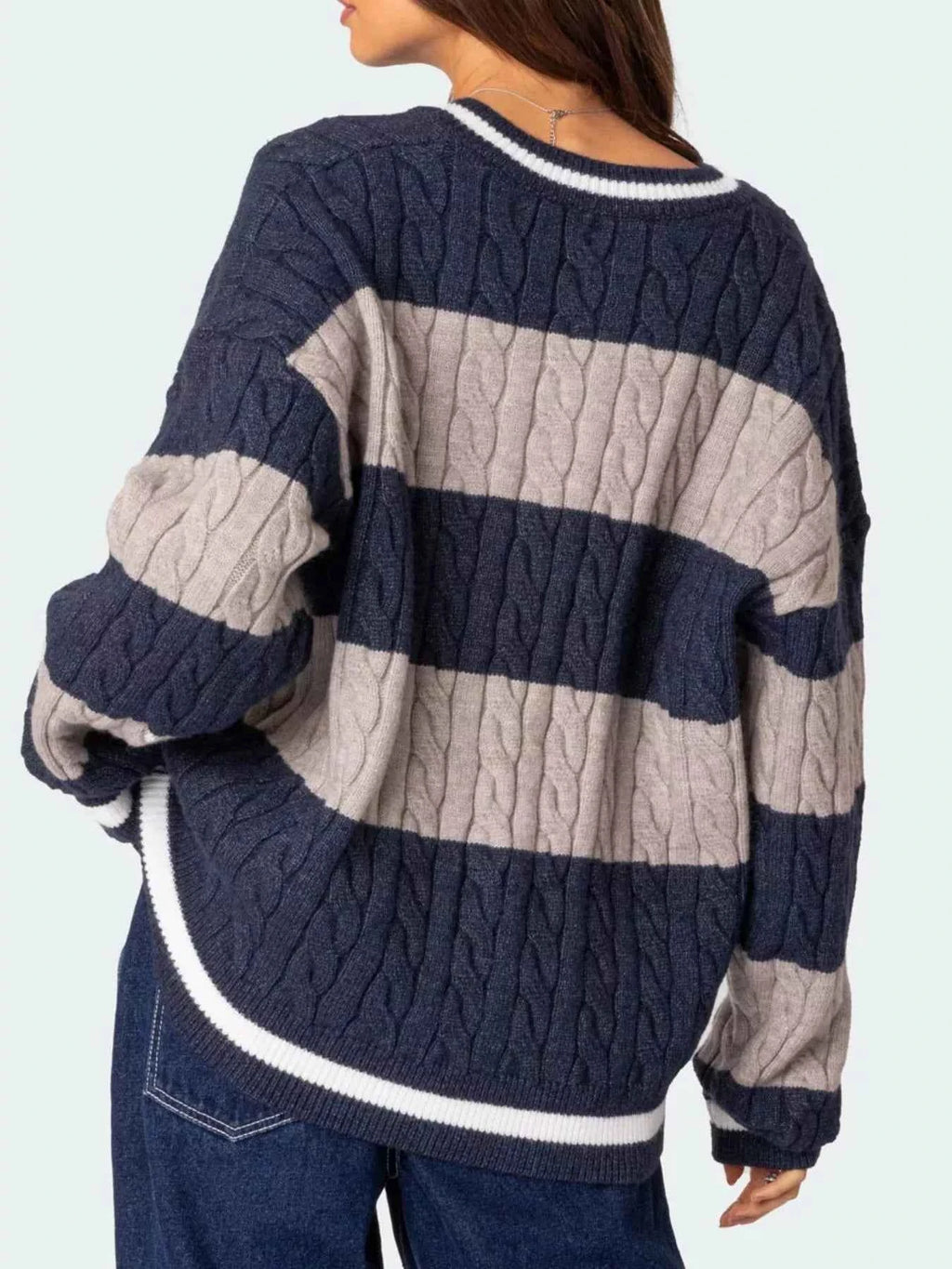 Striped Cable Knit V-Neck Sweater 88d04bfd-4a79-4390-b3e6-c436768eeeba-Max-Origin