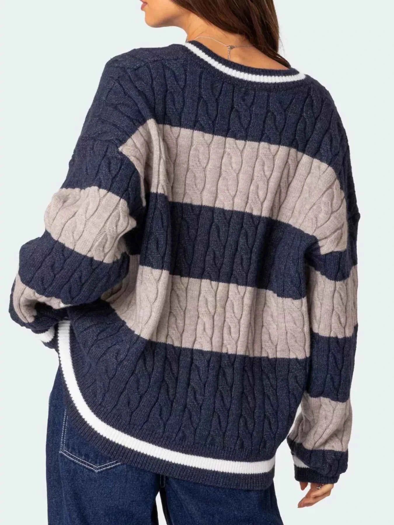 Striped Cable Knit V-Neck Sweater 88d04bfd-4a79-4390-b3e6-c436768eeeba-Max-Origin