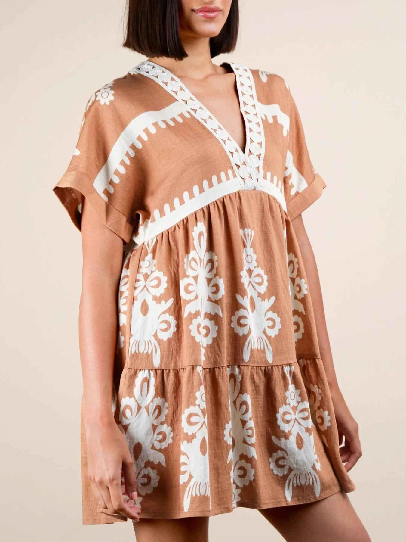 Printed V-Neck Short Sleeve Mini Dress 88d43d18-7ca7-492d-91ae-a9f10f86d788-Max-Origin