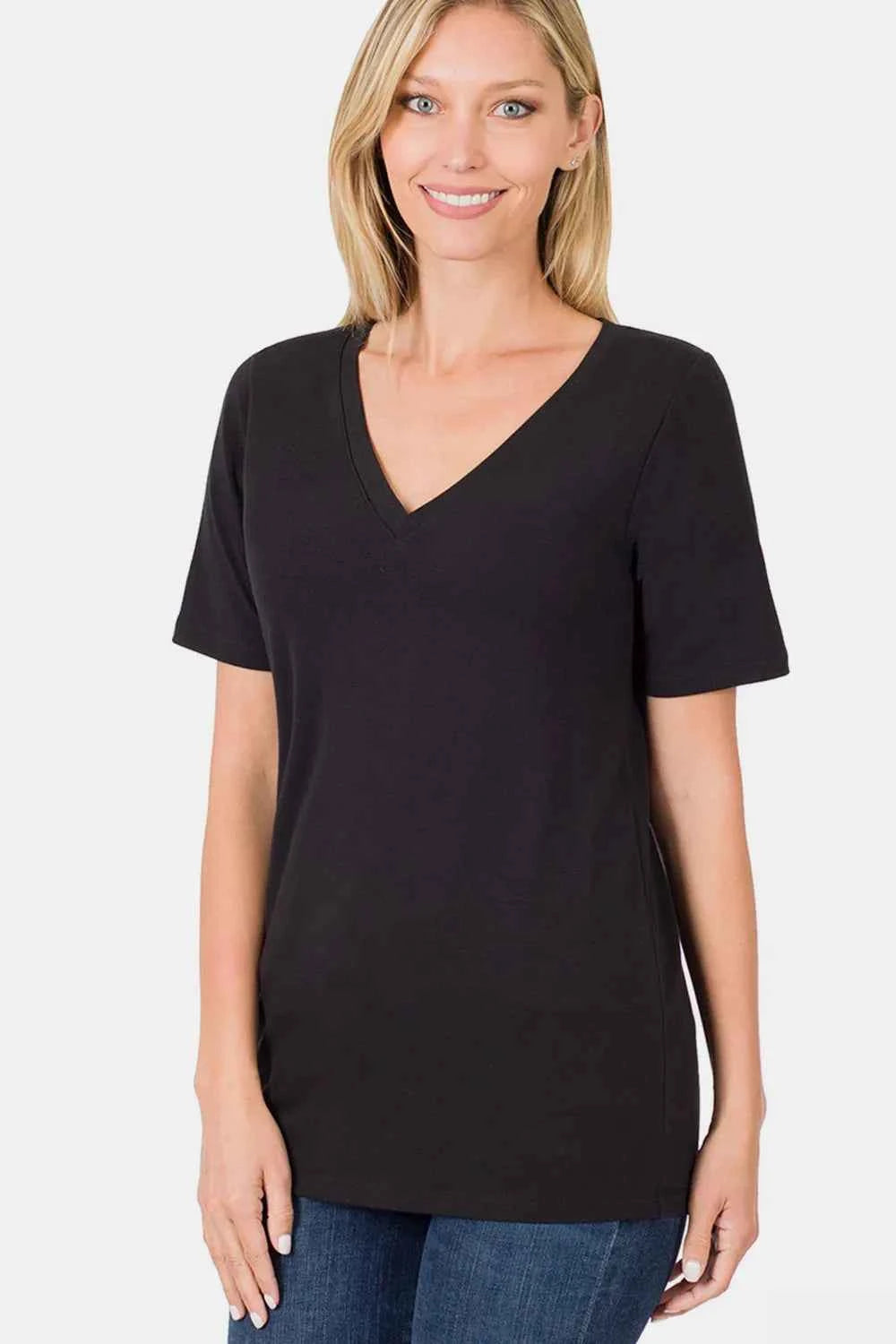 Zenana V-Neck Short Sleeve T-Shirt Black 88e3f6fd-54b0-4d4d-a39f-5c547e836f10-Max