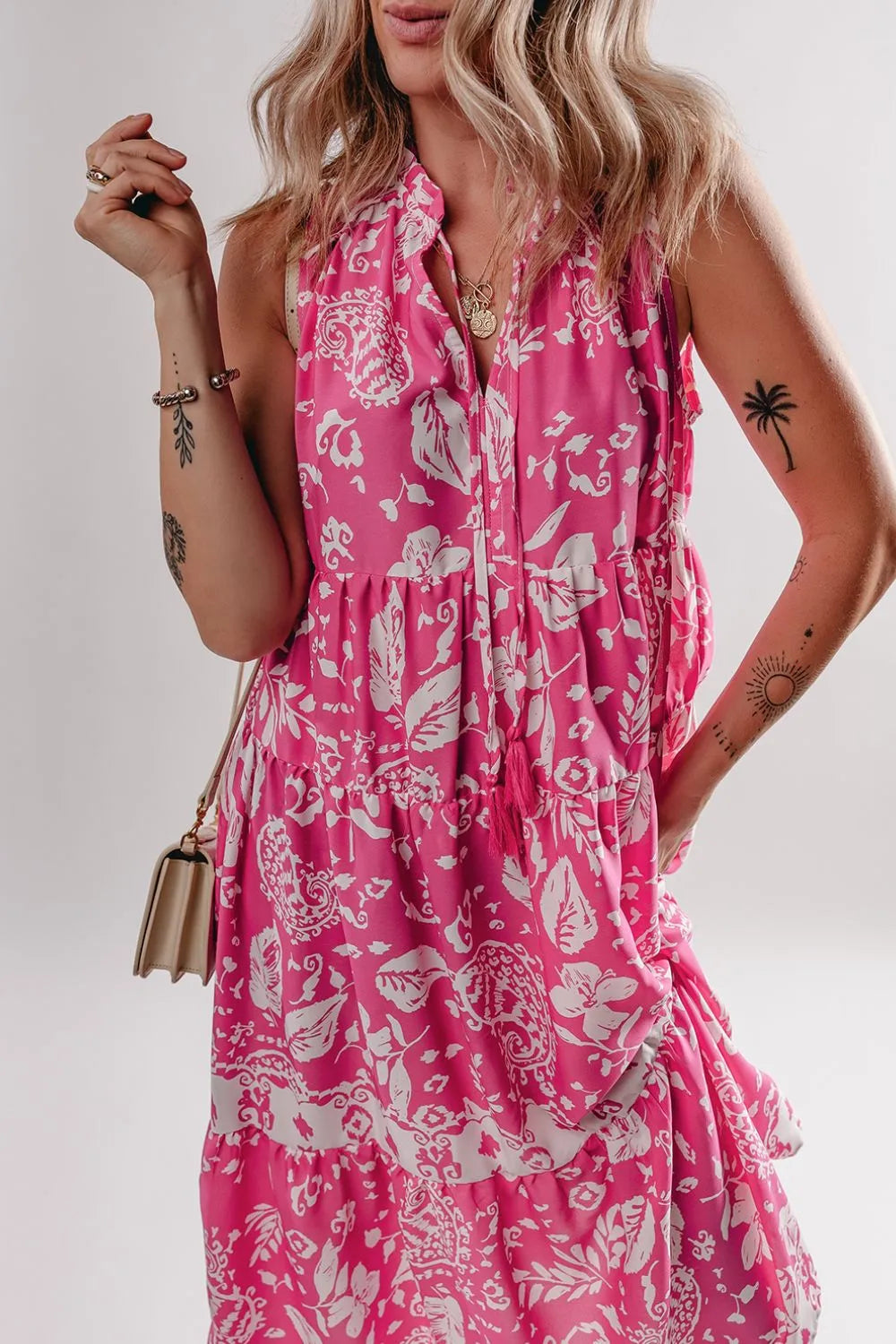 Floral Sleeveless Tasseled Tie Neck Tiered Midi Dress 88e978a5-4e2e-4656-8fe4-4234b938587f-Max