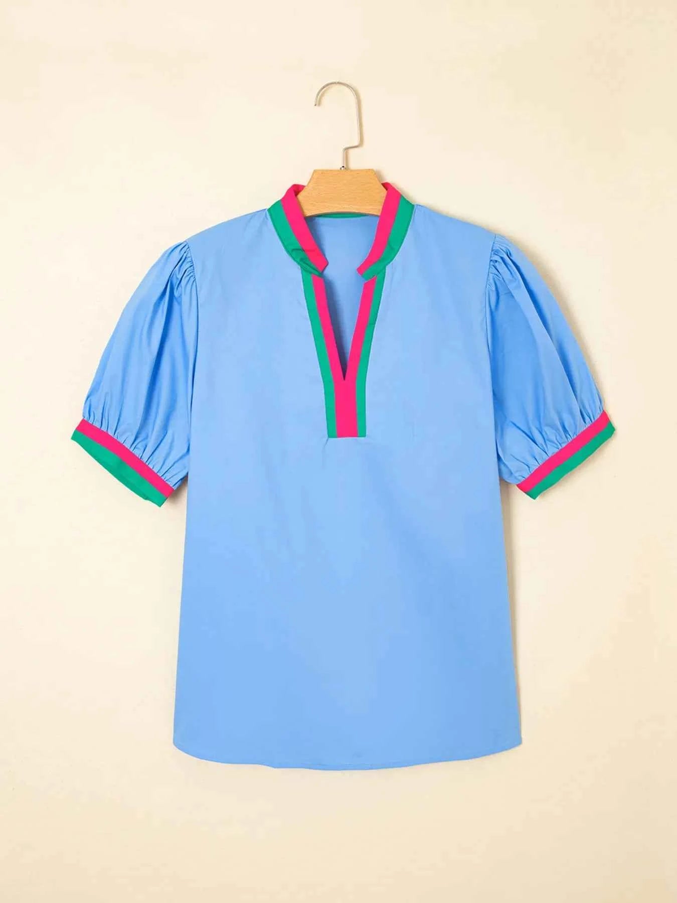 Contrast Trim Notched Short Sleeve Blouse 88f6d279b2c5454f83c5a3de2dbc87da-Max-Origin