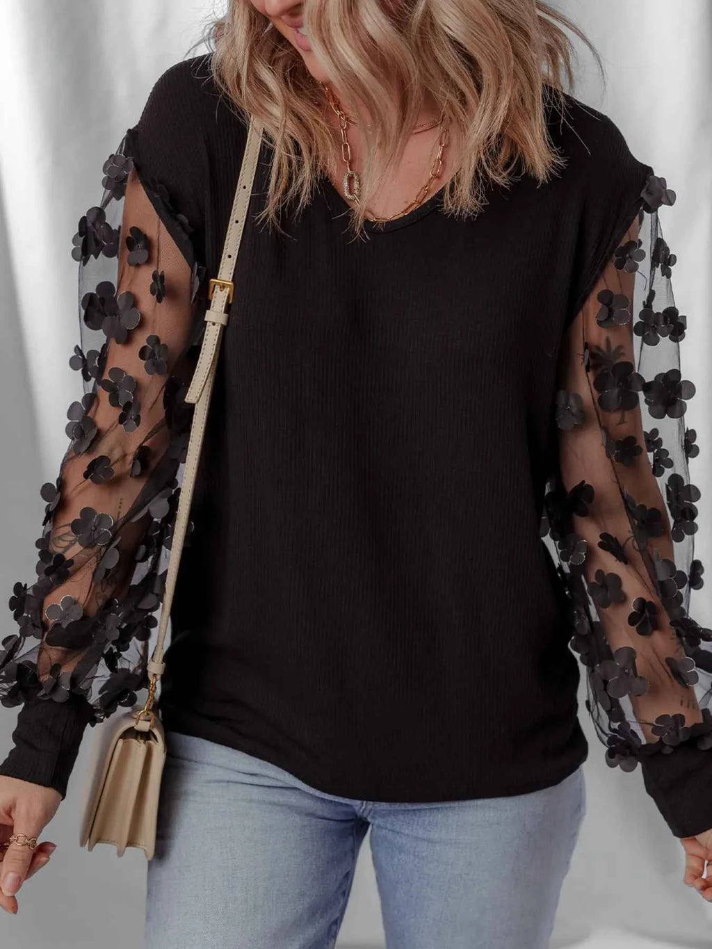 Flower Sheer Sleeve V-Neck Blouse Black 89007bf8-e693-49b5-91ce-f9da6eae0fe9-Max-Origin