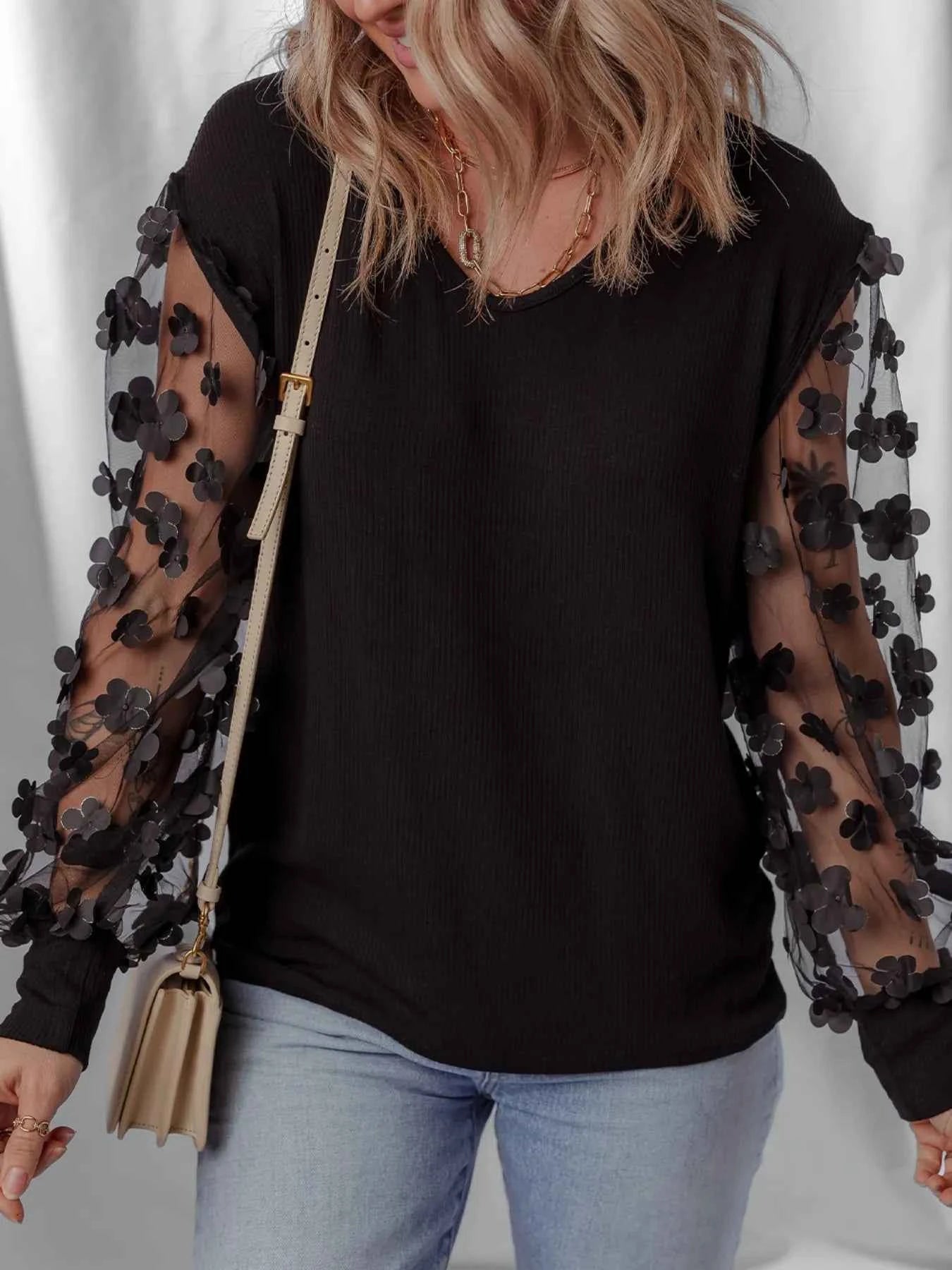 Flower Sheer Sleeve V-Neck Blouse Black 89007bf8-e693-49b5-91ce-f9da6eae0fe9-Max-Origin