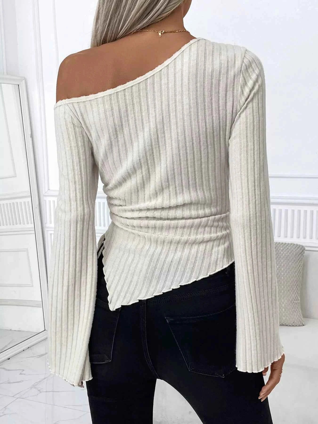 Ribbed One Shoulder Asymmetrical Hem T-Shirt 8919278491a141d3a1c0ec9402eebc23-Max-Origin