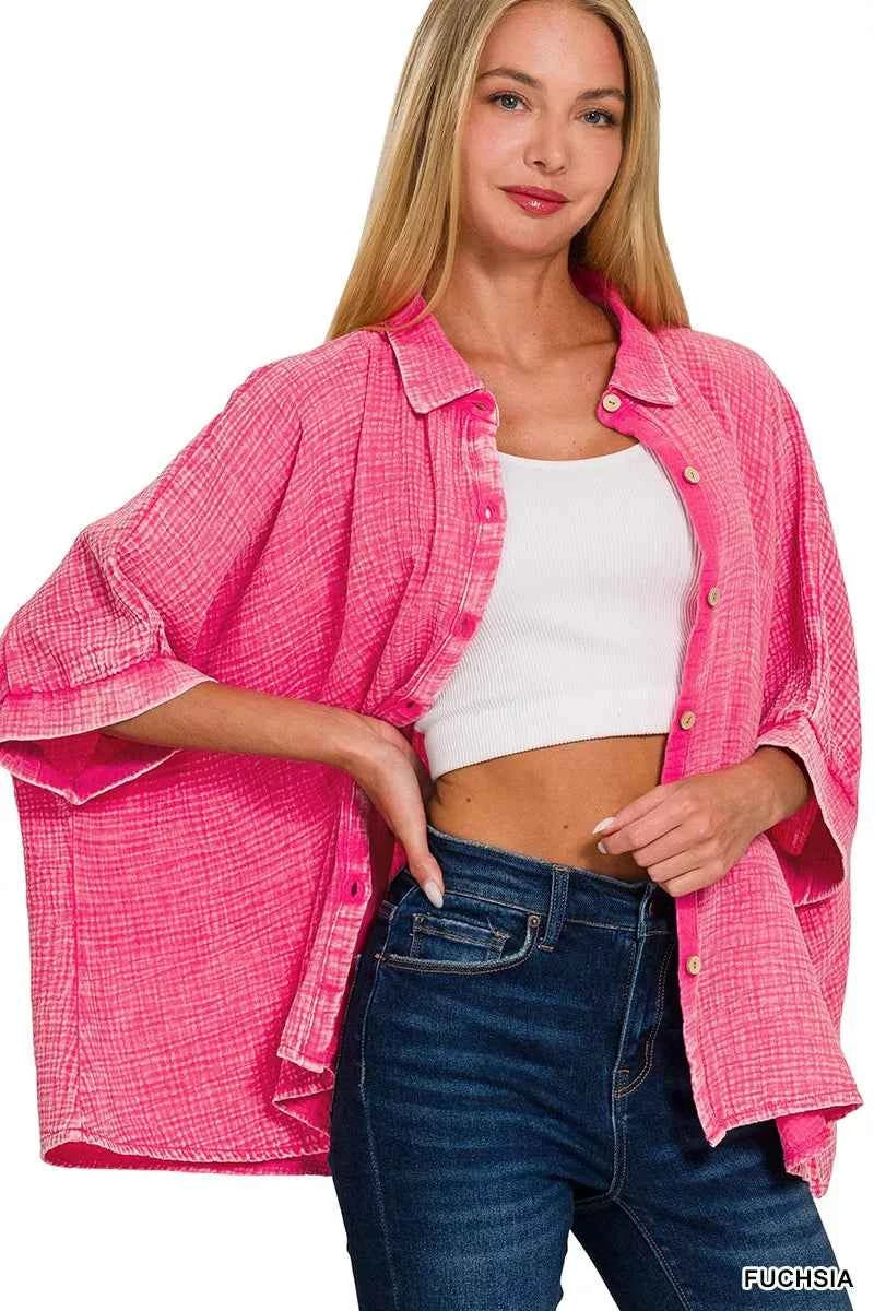 Zenana Washed Double Gauze Button Down Half Sleeve Shirt 8926d54bd703491d8041df3df05fc6a6-Max-Origin