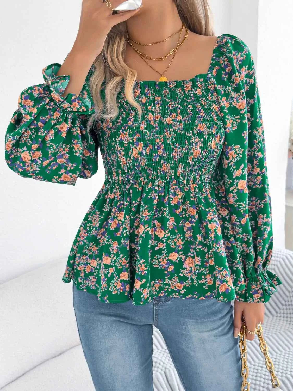Floral Square Neck Flounce Sleeve Blouse 893cf56d-92e0-4982-8886-f0c78f4991d9-Max-Origin
