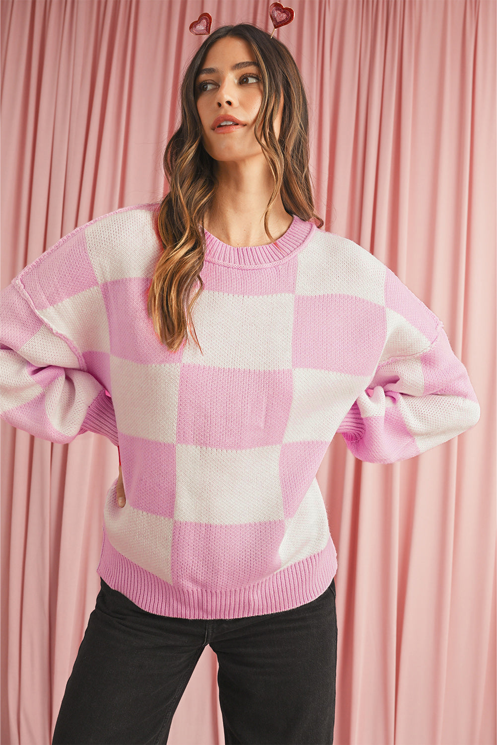 Pink Checked Bishop Sleeve Pullover Sweater 89608bda8c844e7d