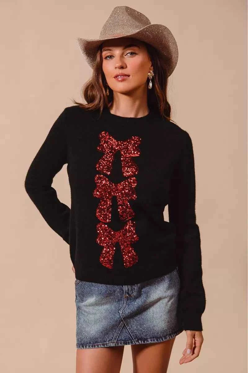 SO ME Sequins Bow Ribbon Embellished Christmas Sweater BLACK RED 8960b189-d2f2-4537-9b32-1f23e0968387-Max-Origin