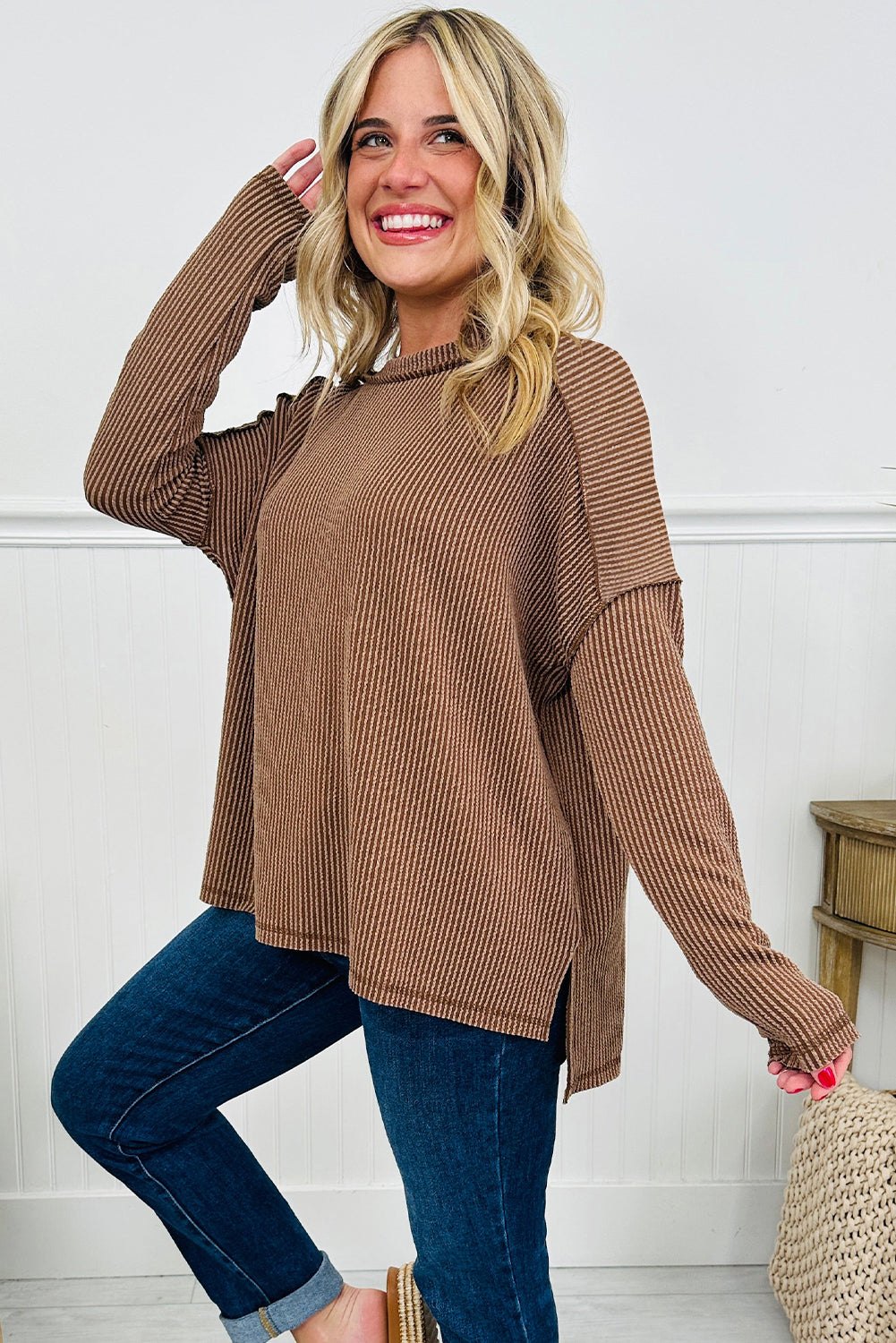 Green Bay Twisted Rib Exposed Seam Detail Long Sleeve Loose Top 896451838471b11d