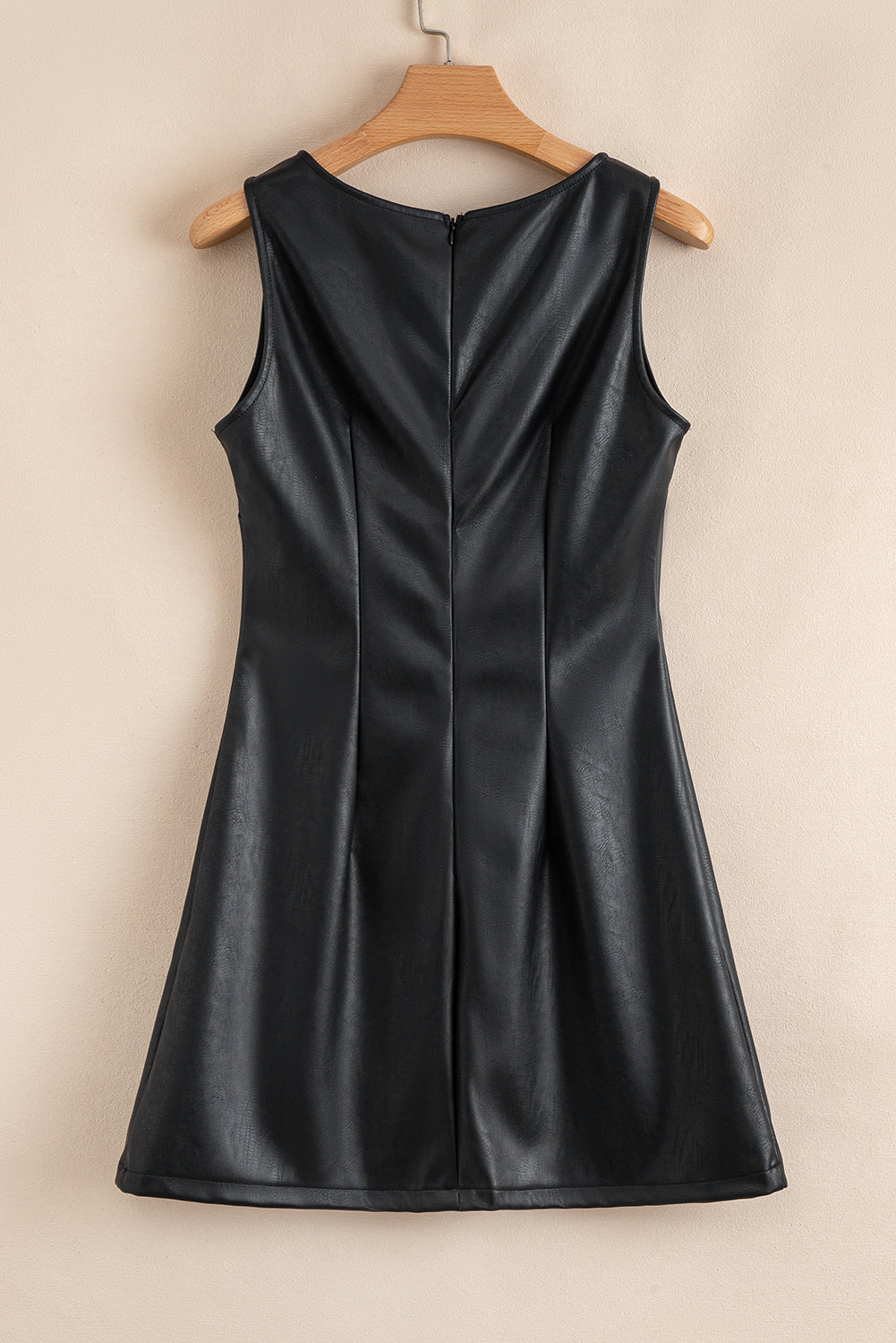 Coffee Faux Leather Sleeveless Round Neck Mini Dress 89747c7054345692