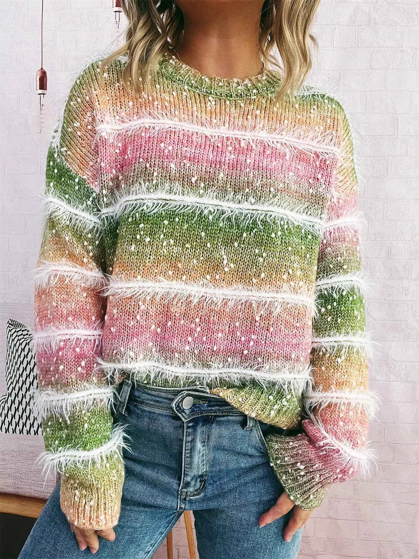 Gradient Striped Round Neck Sweater 8984cd3aca6d43de8ddb95f1ed86775a-Max-Origin