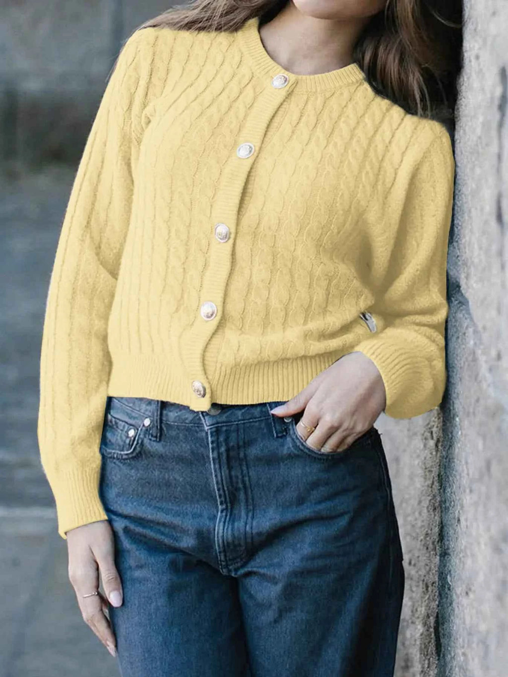 Cable Knit Button-Up Cardigan 89934999b9f2476ea5733f8c695211bf-Max-Origin