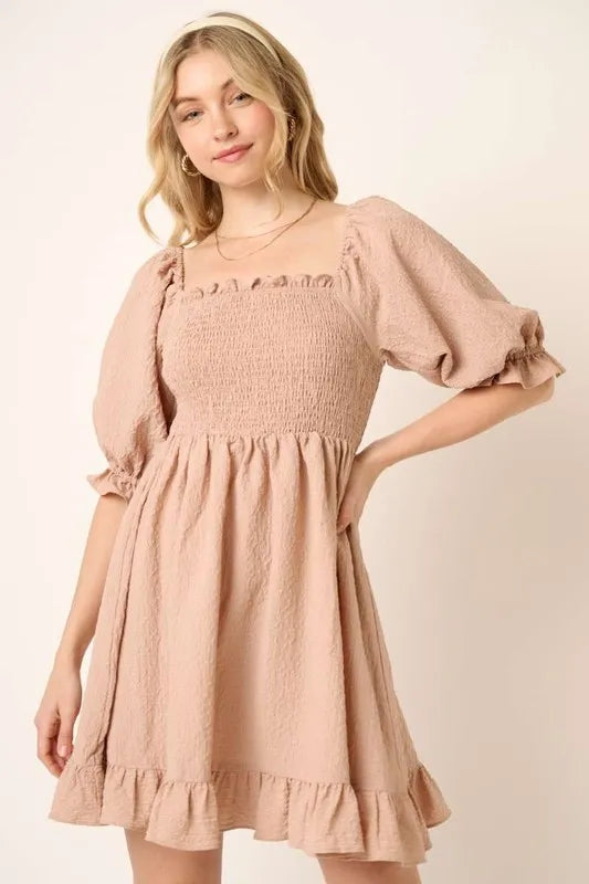 Mittoshop Smocked Ruffled Hem Half Sleeve Mini Dress Taupe 8999d70a-8f1b-4aac-8136-015957617195-Max