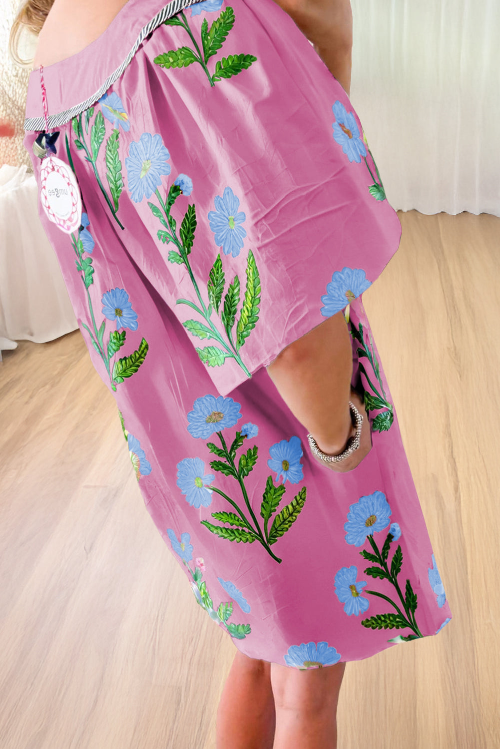 Blue Striped Trim Short Sleeve Split Neck Floral Mini Dress 89b81adf00eb1be5