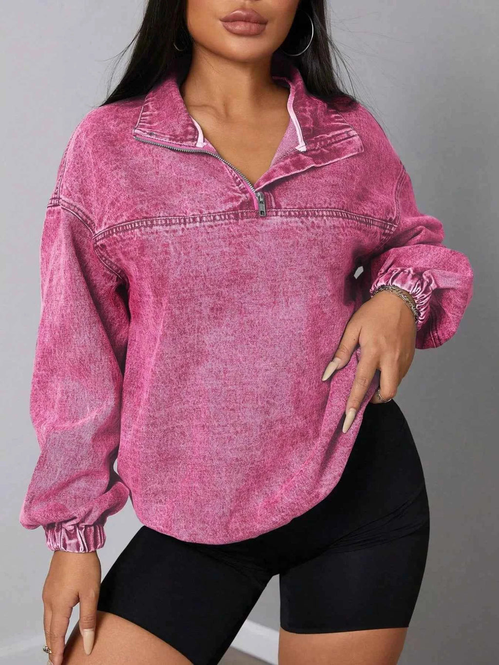 Zip Collar Long Sleeve Denim Top 89b99ee6-3789-4e8e-a284-f6fef72a566d-Max-Origin