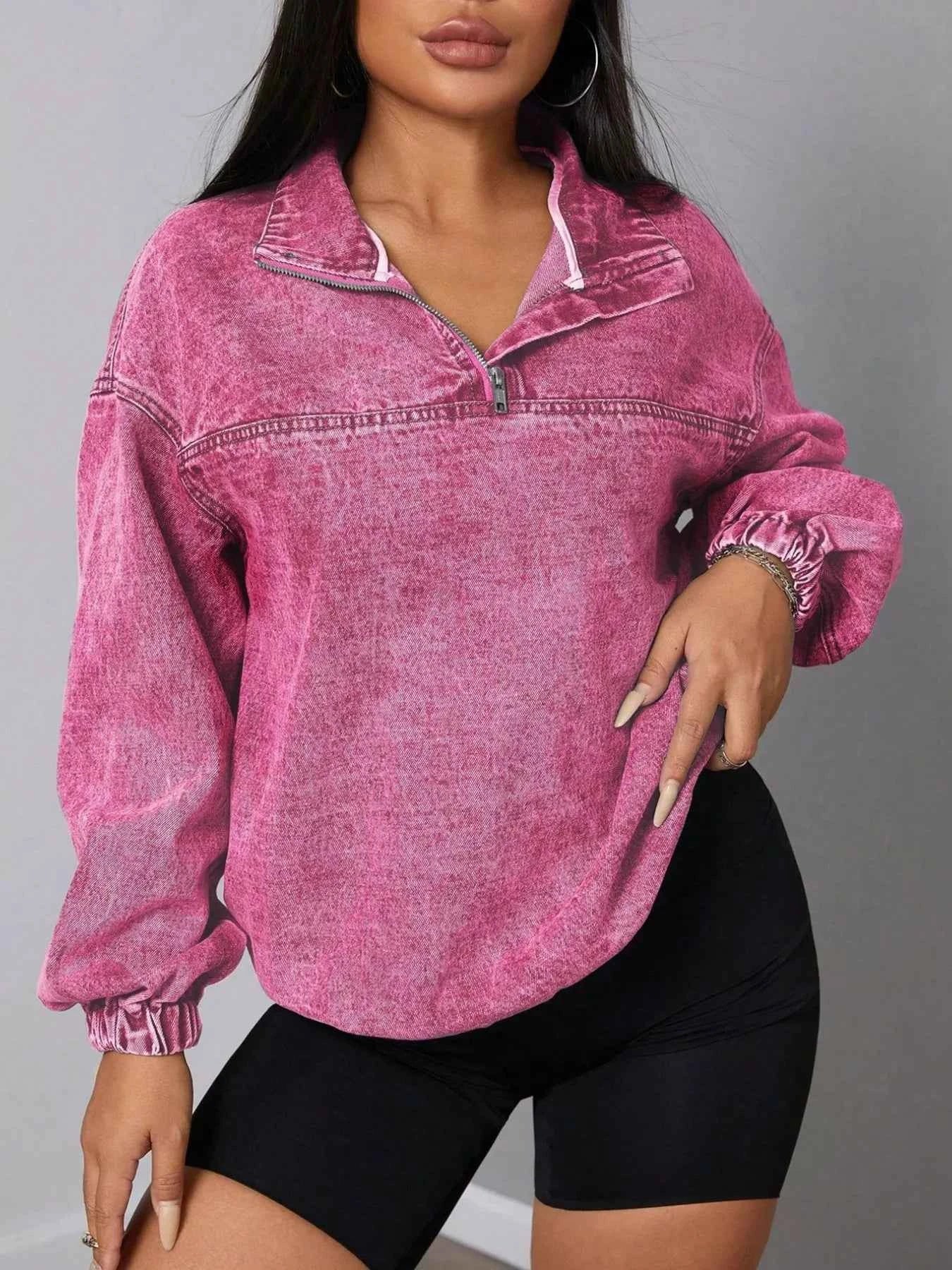 Zip Collar Long Sleeve Denim Top 89b99ee6-3789-4e8e-a284-f6fef72a566d-Max-Origin