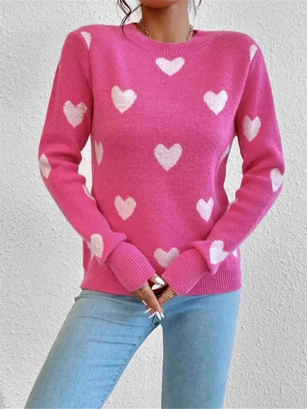 Heart Pattern Round Neck Sweater 89d988db3ff34bff95b8a6329649d97c-Max-Origin