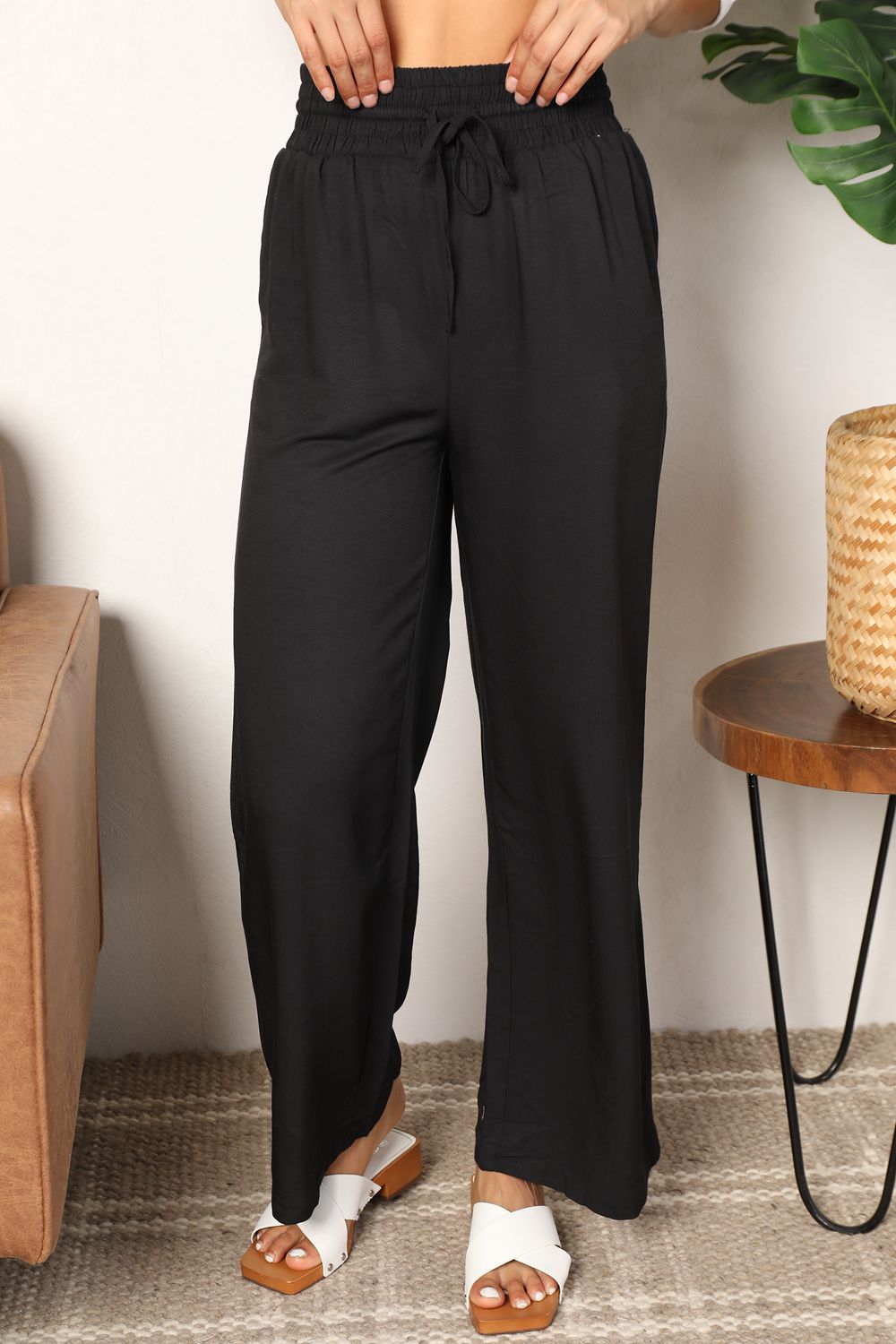 Double Take Drawstring Smocked Waist Wide Leg Pants Black 89e5e6e720af4aaa9271ff04e4e8aacb-Max