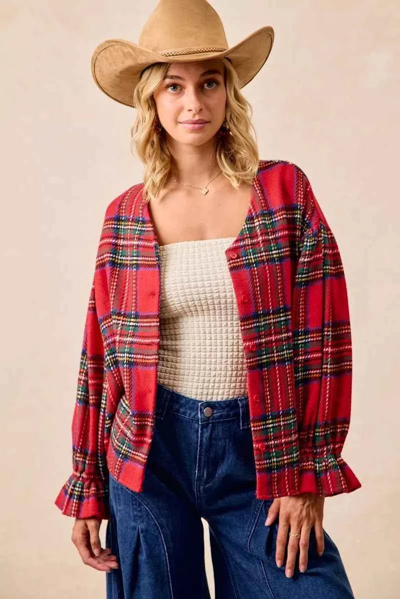 BiBi Christmas Plaid V-Neck Flounce Sleeve Jacket 89e96f1b4c0a41148e0e6347cdc137d4-Max-Origin