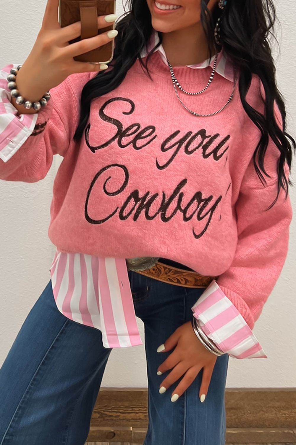 Peach Blossom Letter Embroidered Graphic Sweater 89f2f854567e05a6