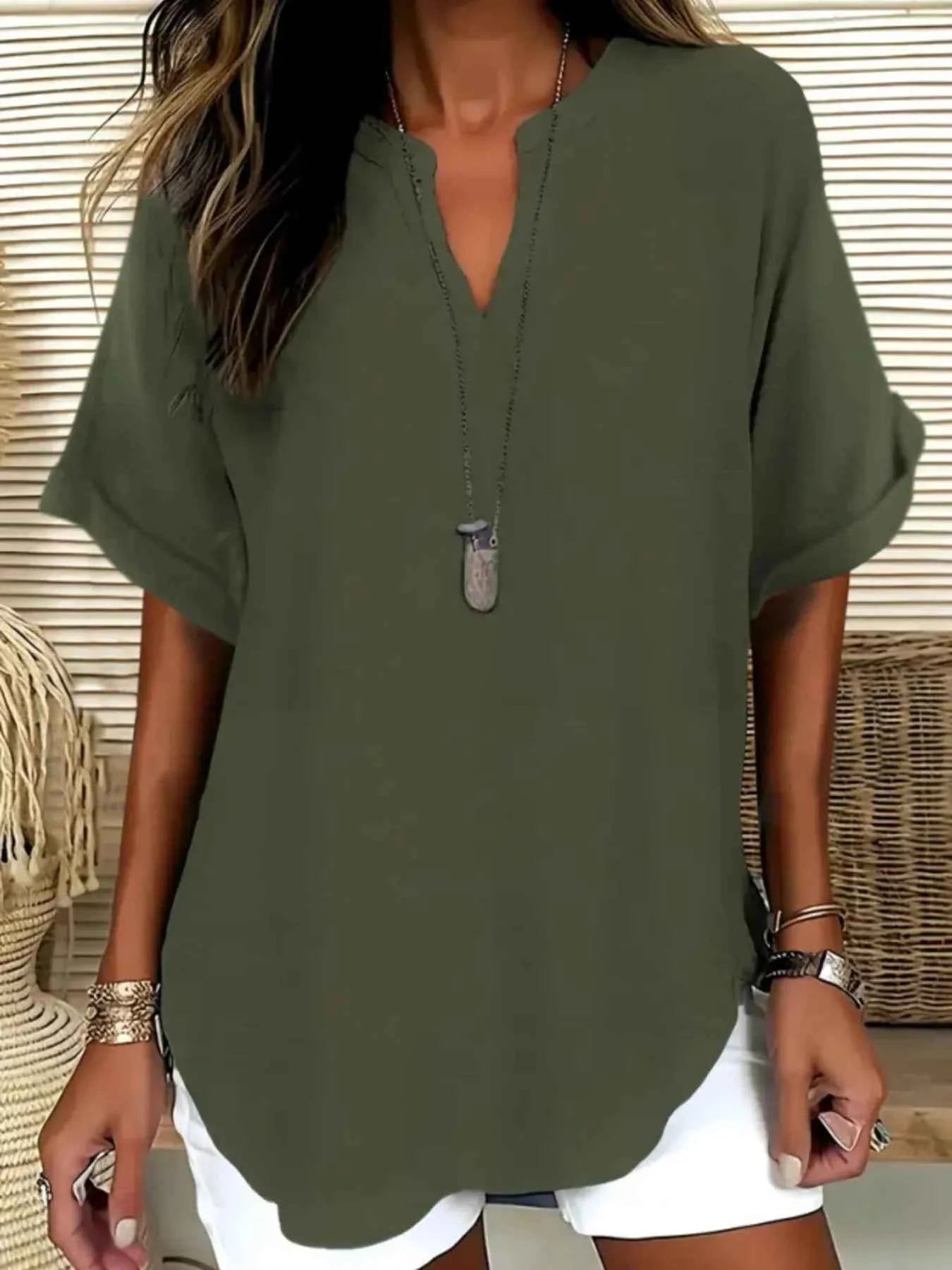 Casual Notched Short Sleeve Blouse Olive Green 89fe540816f54e4f819ca7fd0b4eb41d-Max-Origin