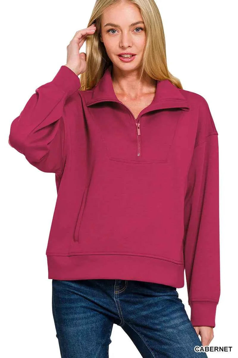 Zenana Scuba Half Zip Sweatshirt with Pockets CABERNET 8a182a29-799d-4231-a644-f522d846807b-Max-Origin_a4eb3835-d560-4cbe-805b-bf40ad05a990