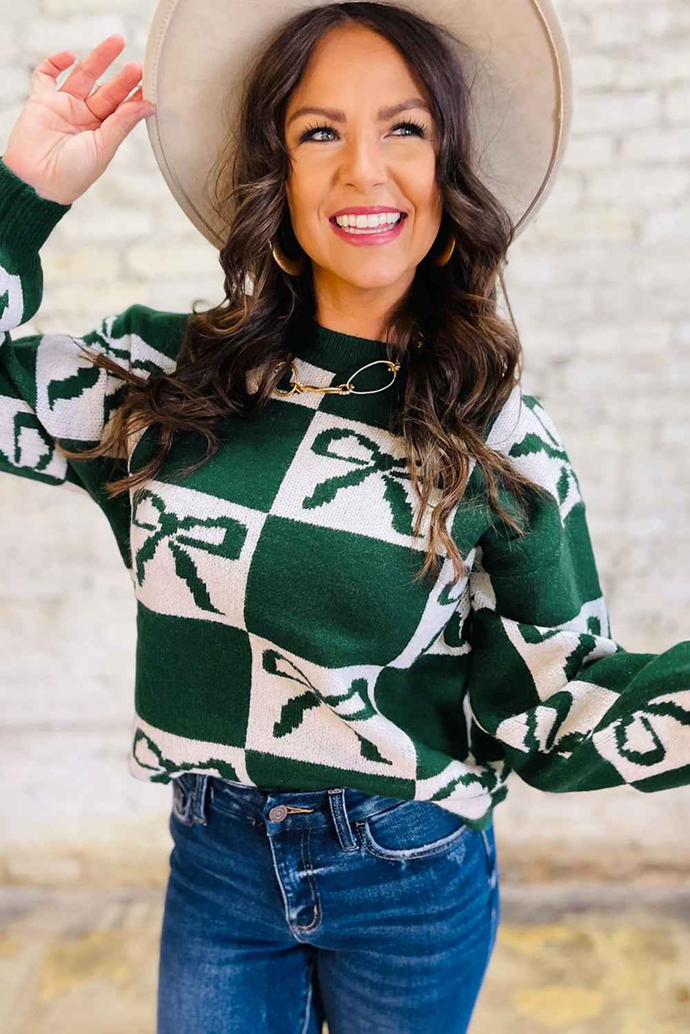 Blackish Green Bow Print Checkered Knit Sweater 8a1c9ff20da8d5ea