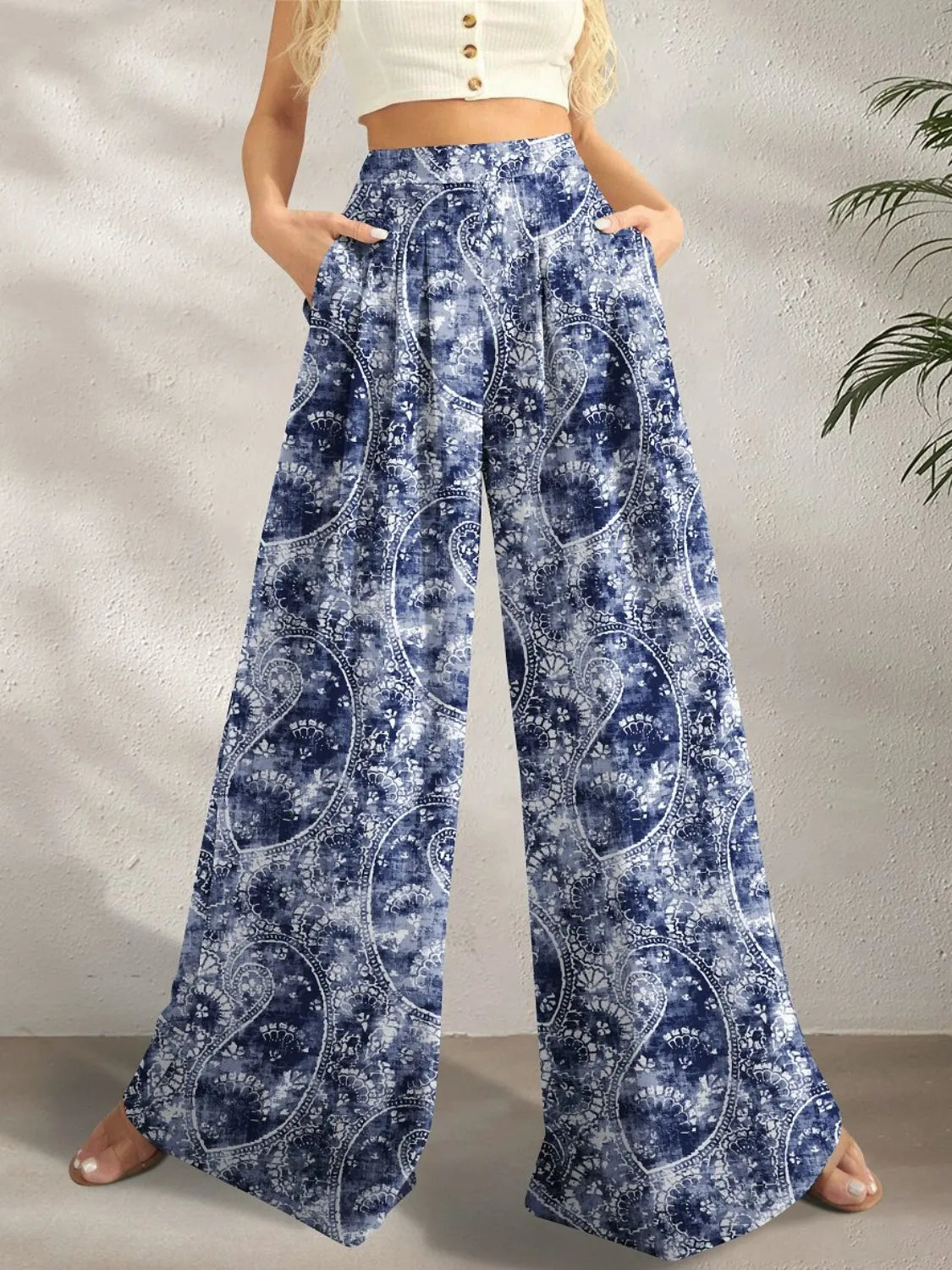 Printed Wide Leg Pants Dusty Blue 8a205d43-bf5d-41c2-8bdf-a9cc5f86f4ba-Max-Origin
